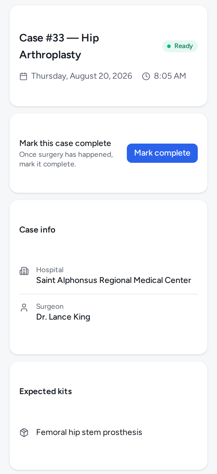 Case #33 hip arthroplasty marked ready, with the femoral hip stem prosthesis listed as its expected kit