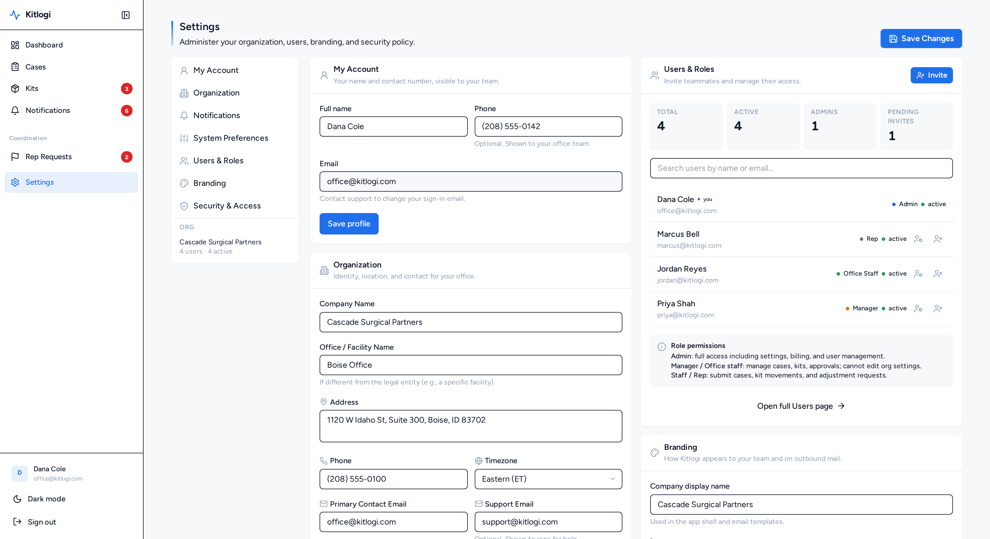 Office settings for team, kit types, and hospitals