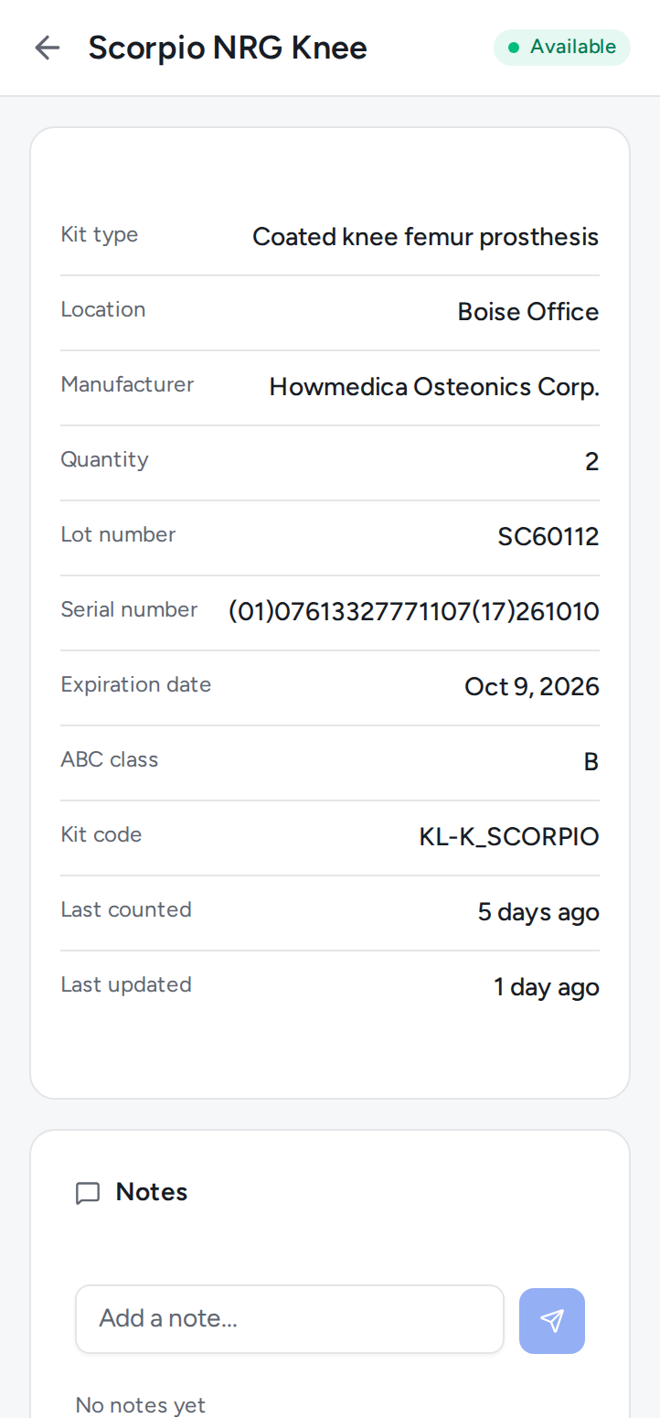 Kit detail with device, lot, serial, expiration, and location