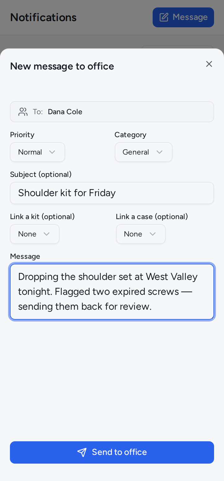 Rep messaging the office from the app