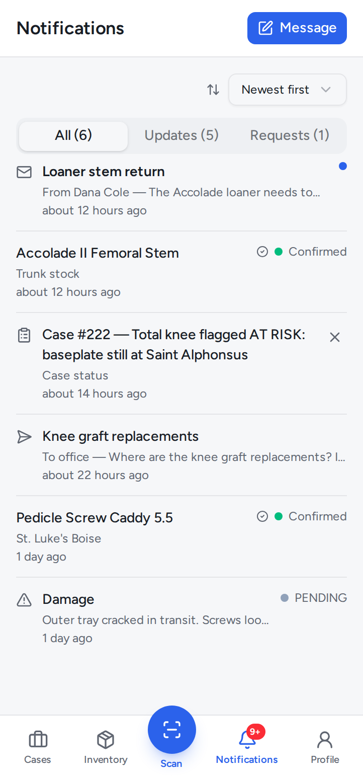 Rep notifications feed with updates and requests