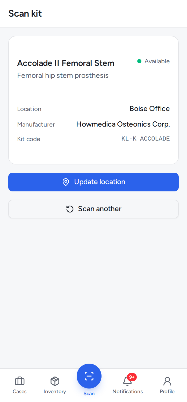 Kitlogi scanner identifying a kit from its barcode