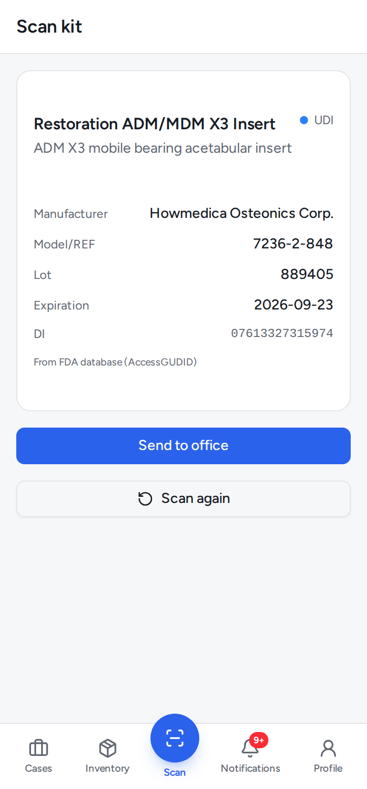 Kitlogi scan result showing device, manufacturer, lot, and expiration pulled from the FDA database