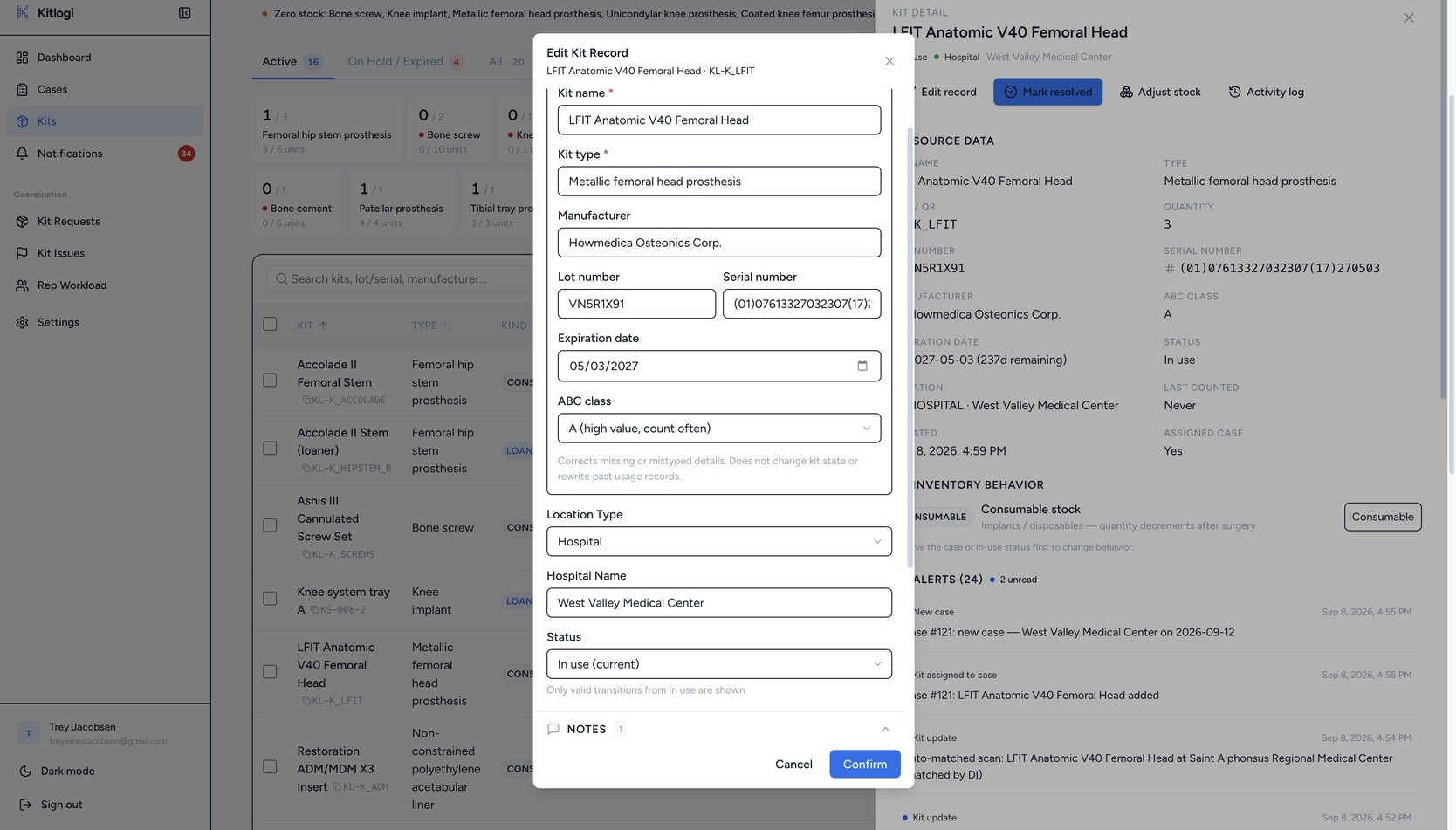 Kitlogi office app: edit kit record modal — correct lot, serial, manufacturer, and expiration