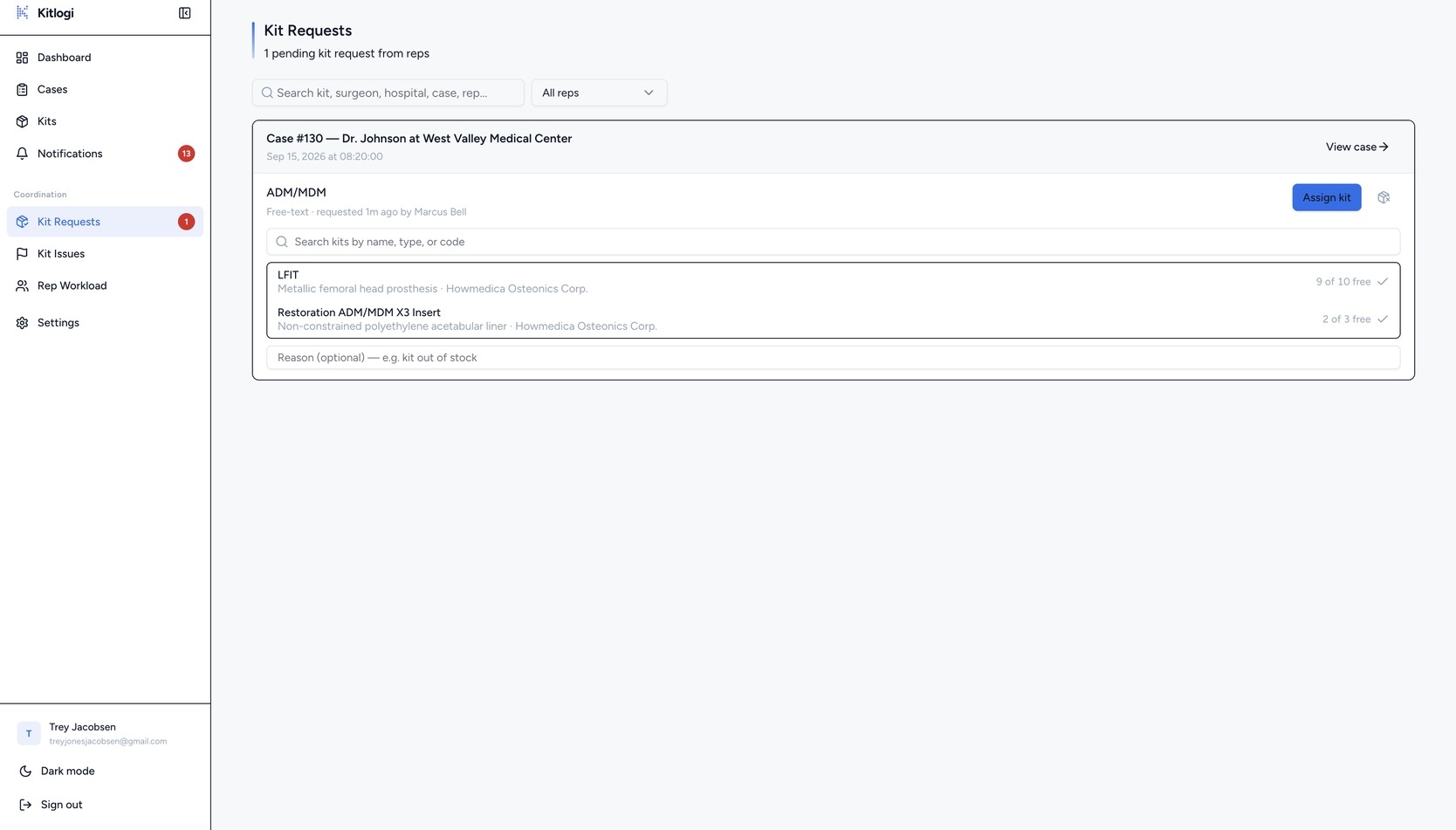 Kitlogi office app: kit requests inbox with pending requests grouped by case