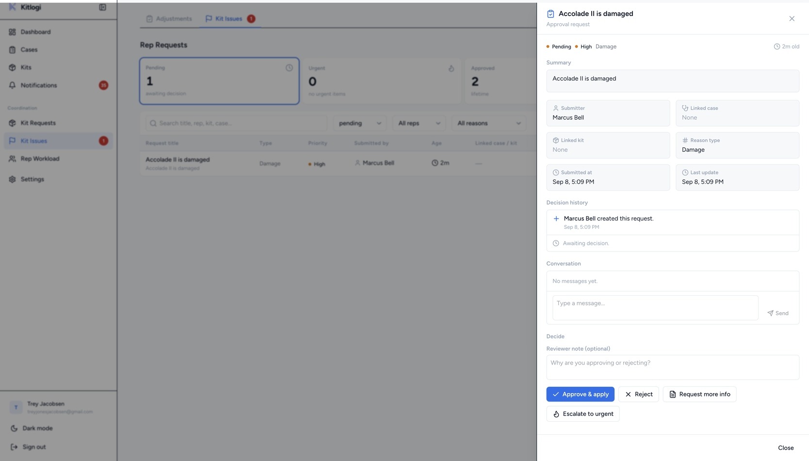 Kitlogi office app: kit issues and rep requests with approval drawer for review