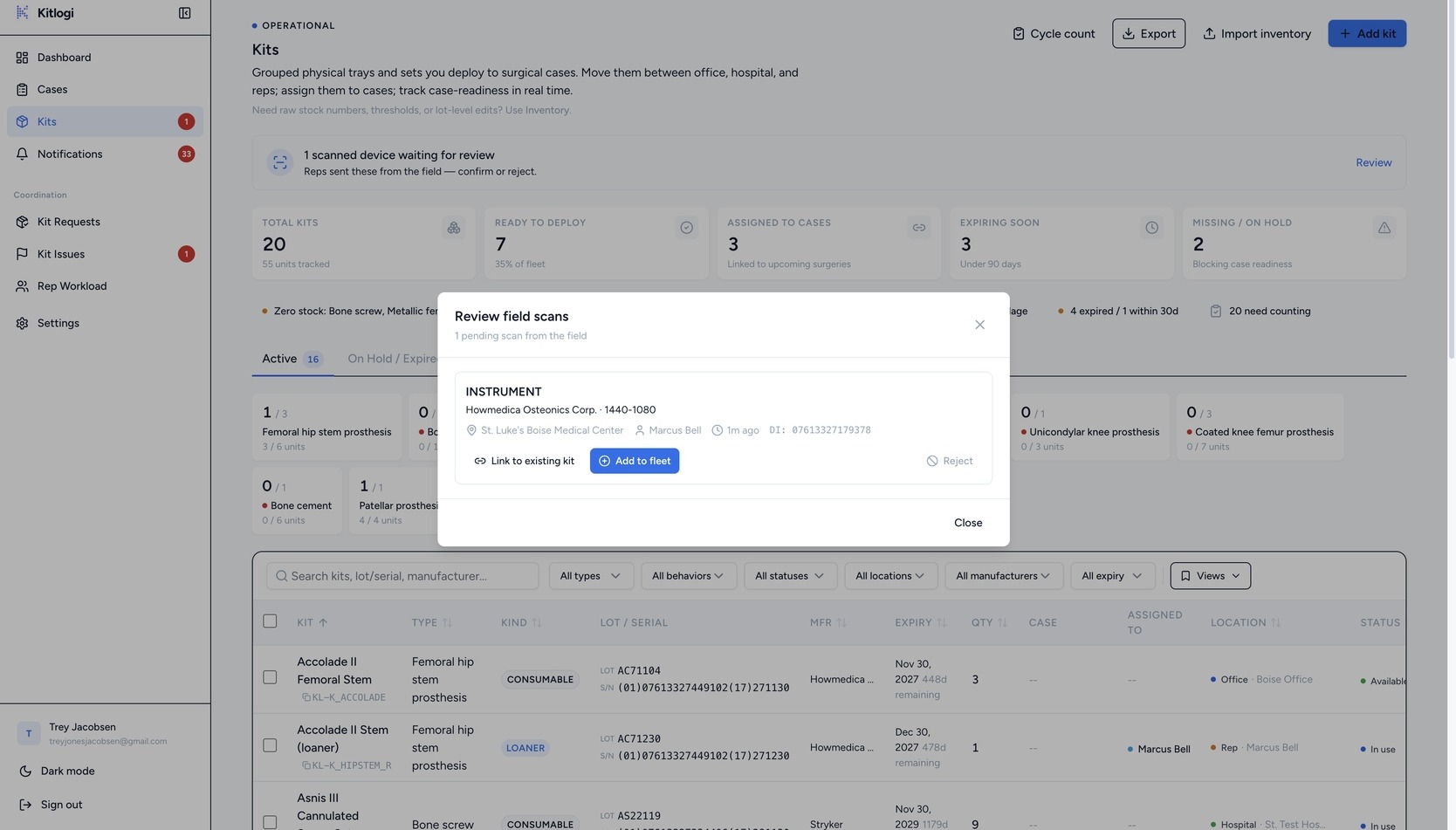 Kitlogi office app: review field scans modal — office confirms or rejects rep-submitted scans