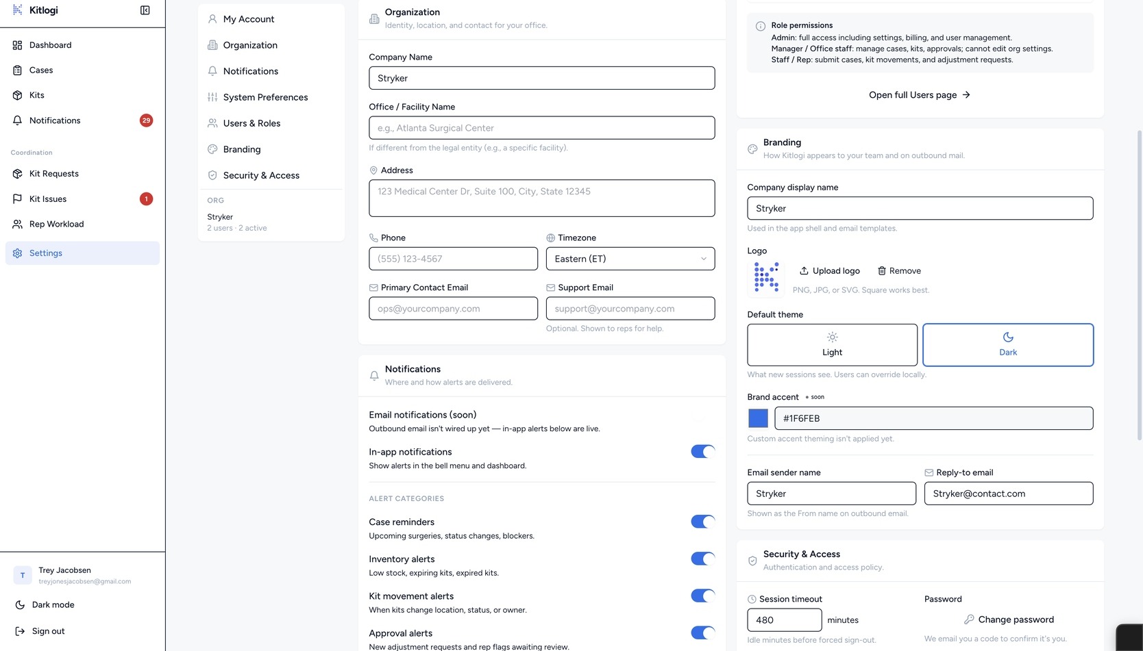 Kitlogi office app: settings page with organization, branding, notifications, and security