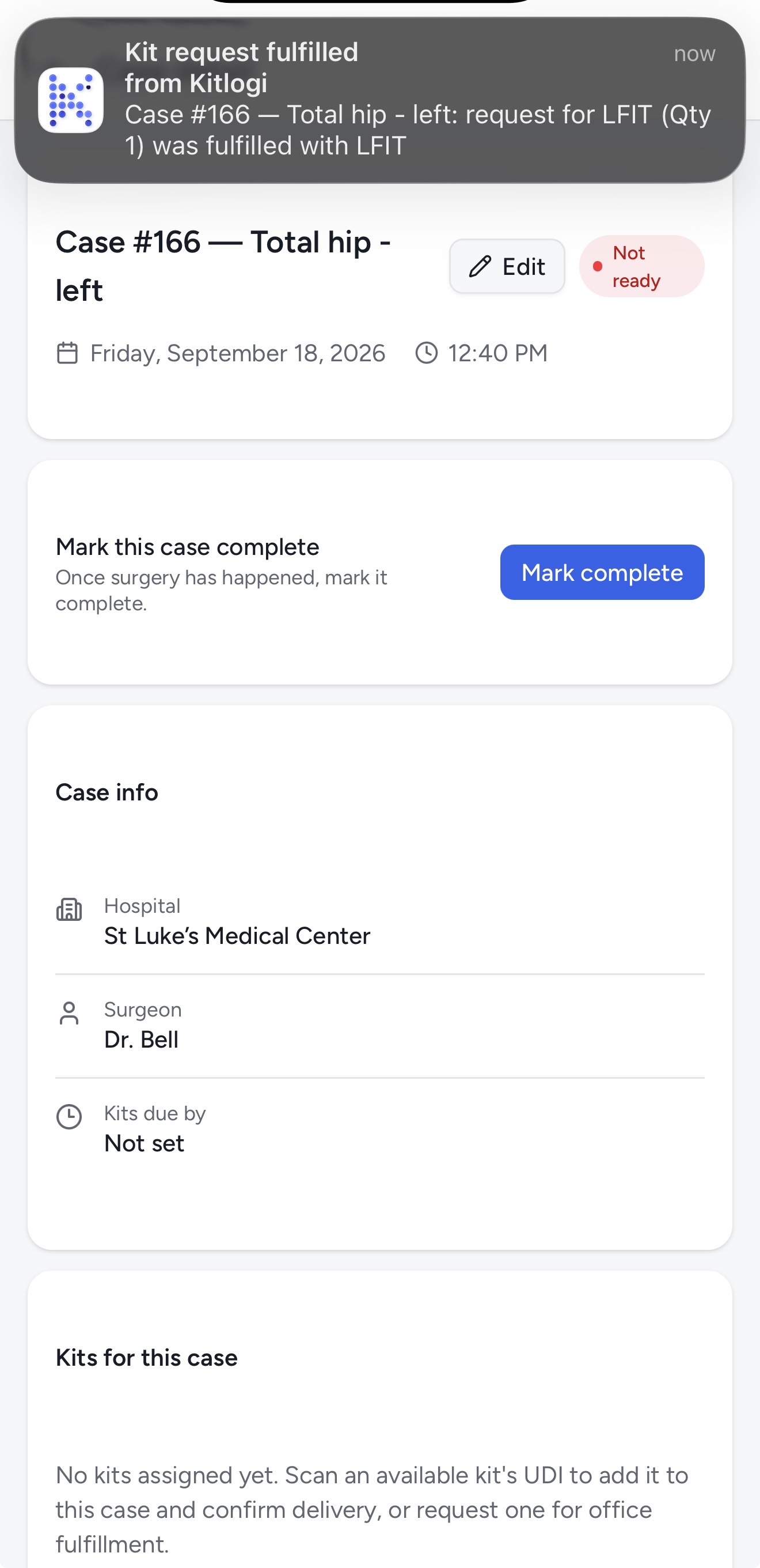 Kitlogi rep app: case-scoped push notifications with Case #N prefix
