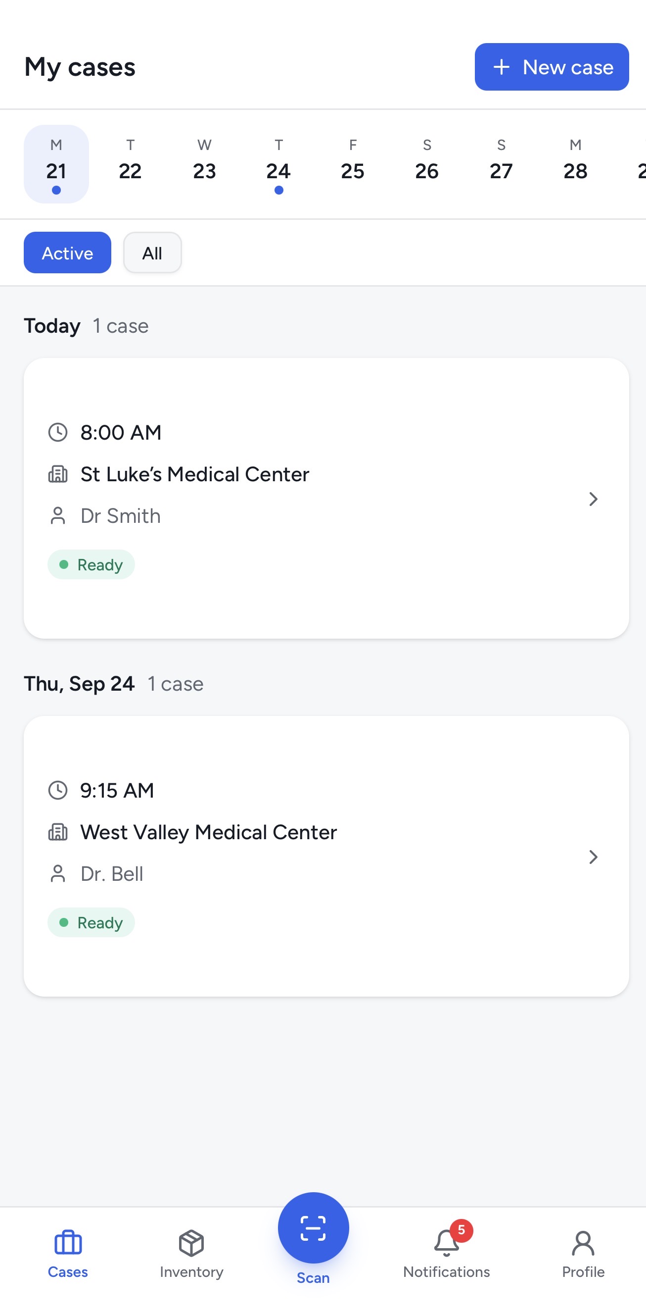 Kitlogi rep app: cases list with calendar, readiness badges, and active/all filter