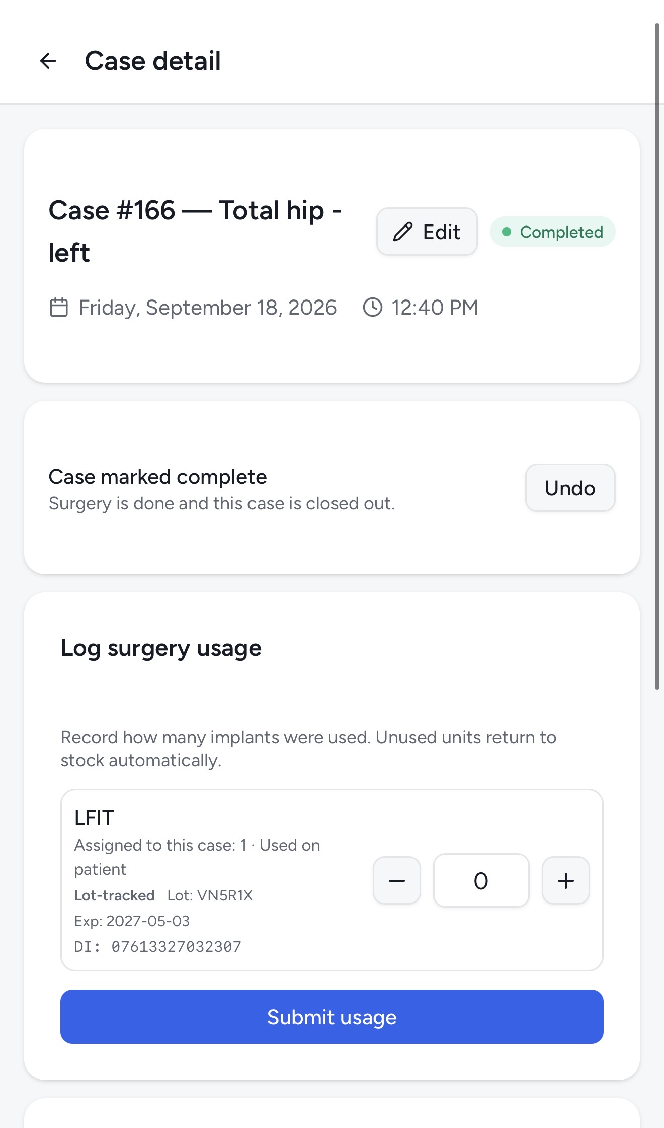 Kitlogi rep app: log surgery usage form showing implant cards with quantity steppers and submit button