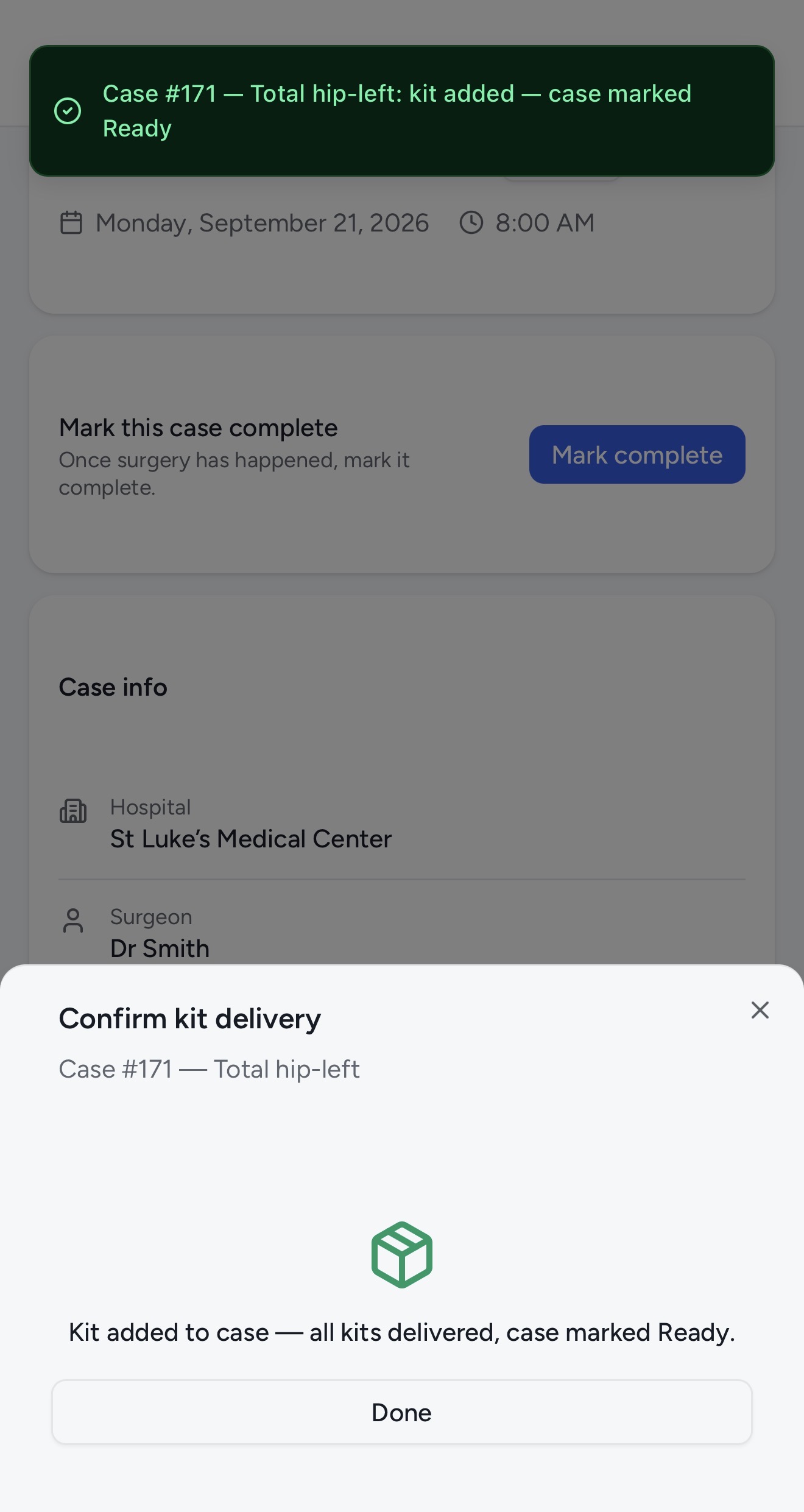 Kitlogi rep app: kit delivery confirmed, case marked Ready