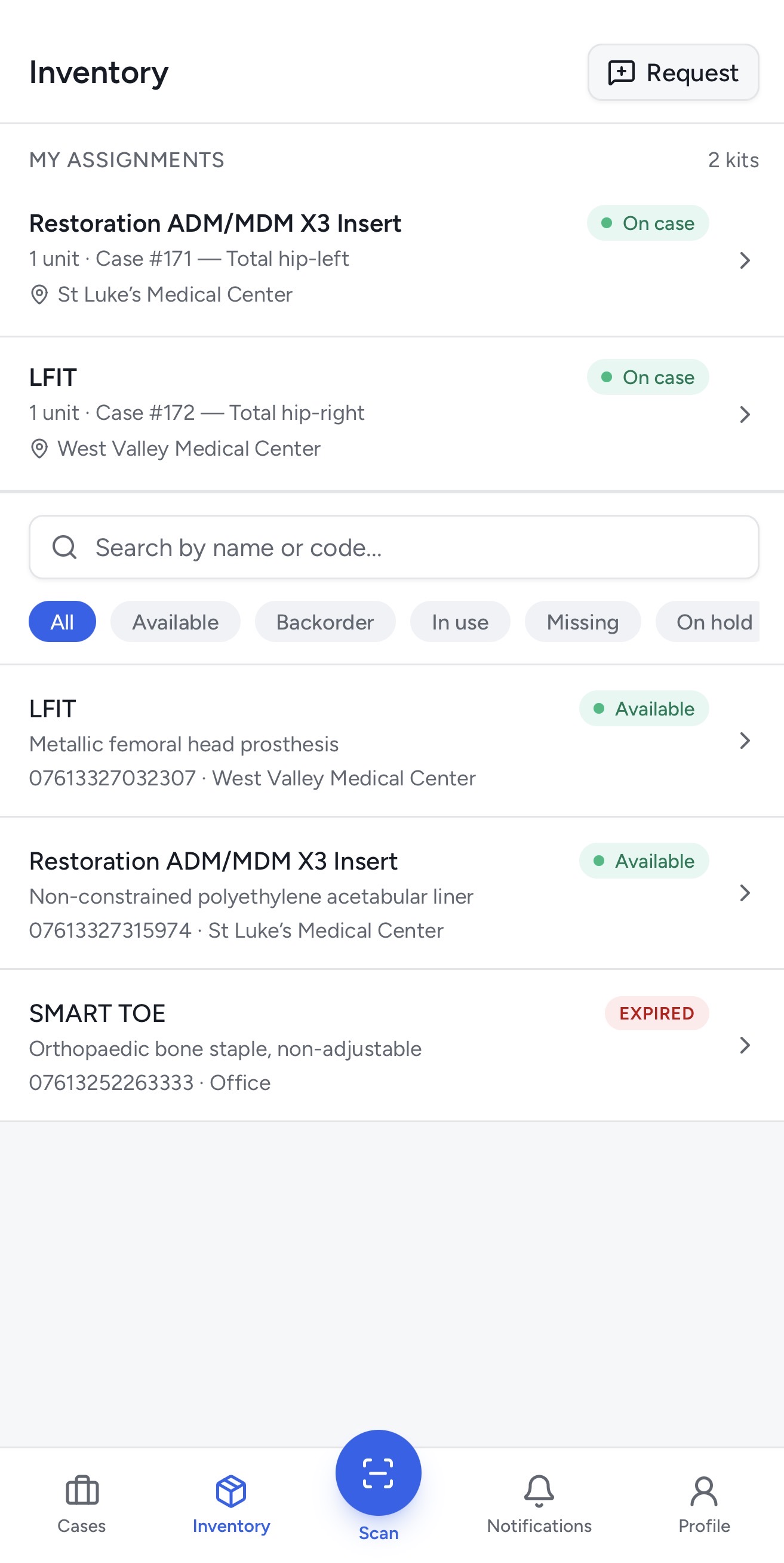 Kitlogi rep app: inventory list with assignments, filter chips, and general stock
