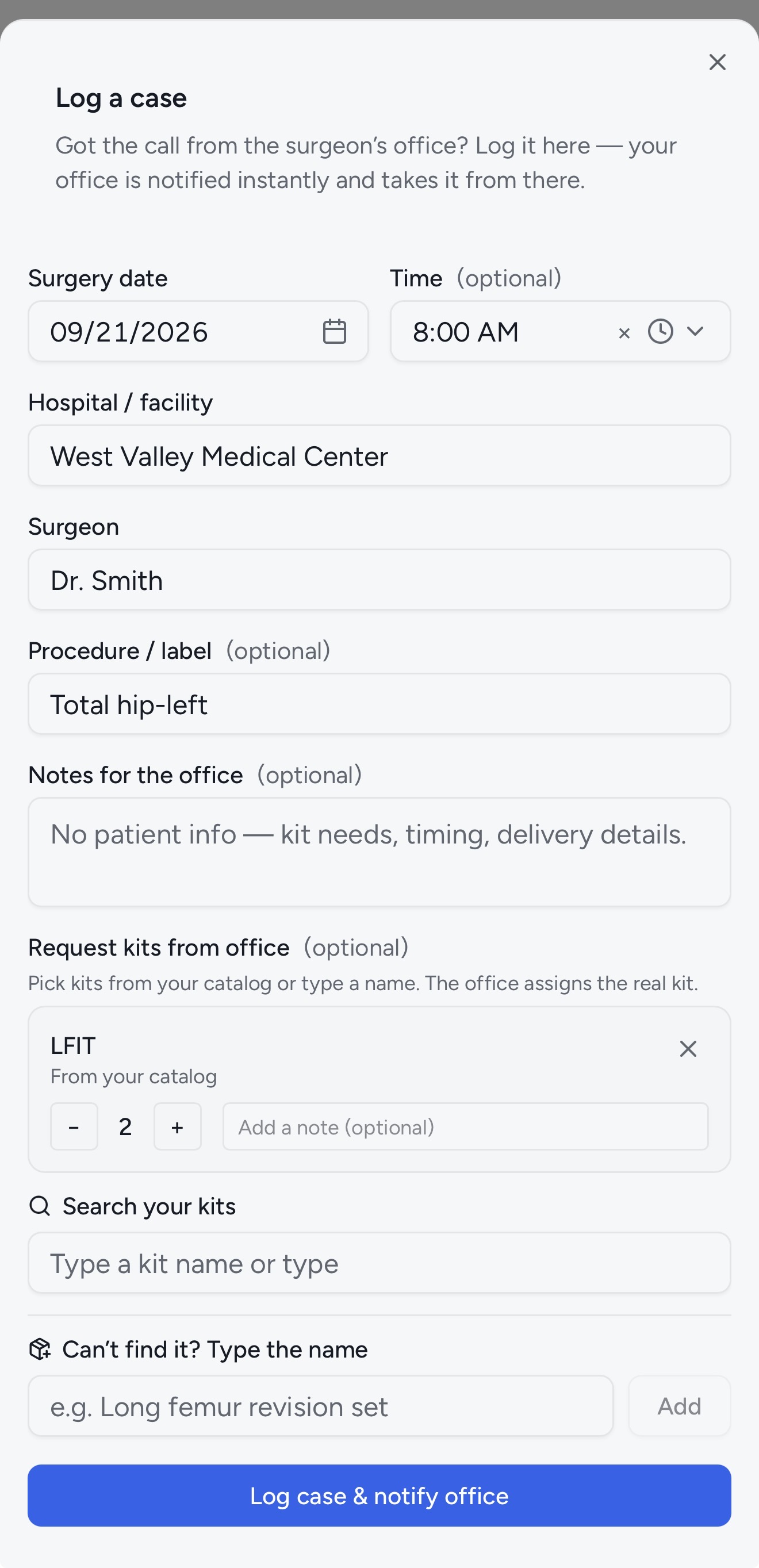 Kitlogi rep app: log a case form with surgery details and optional kit requests