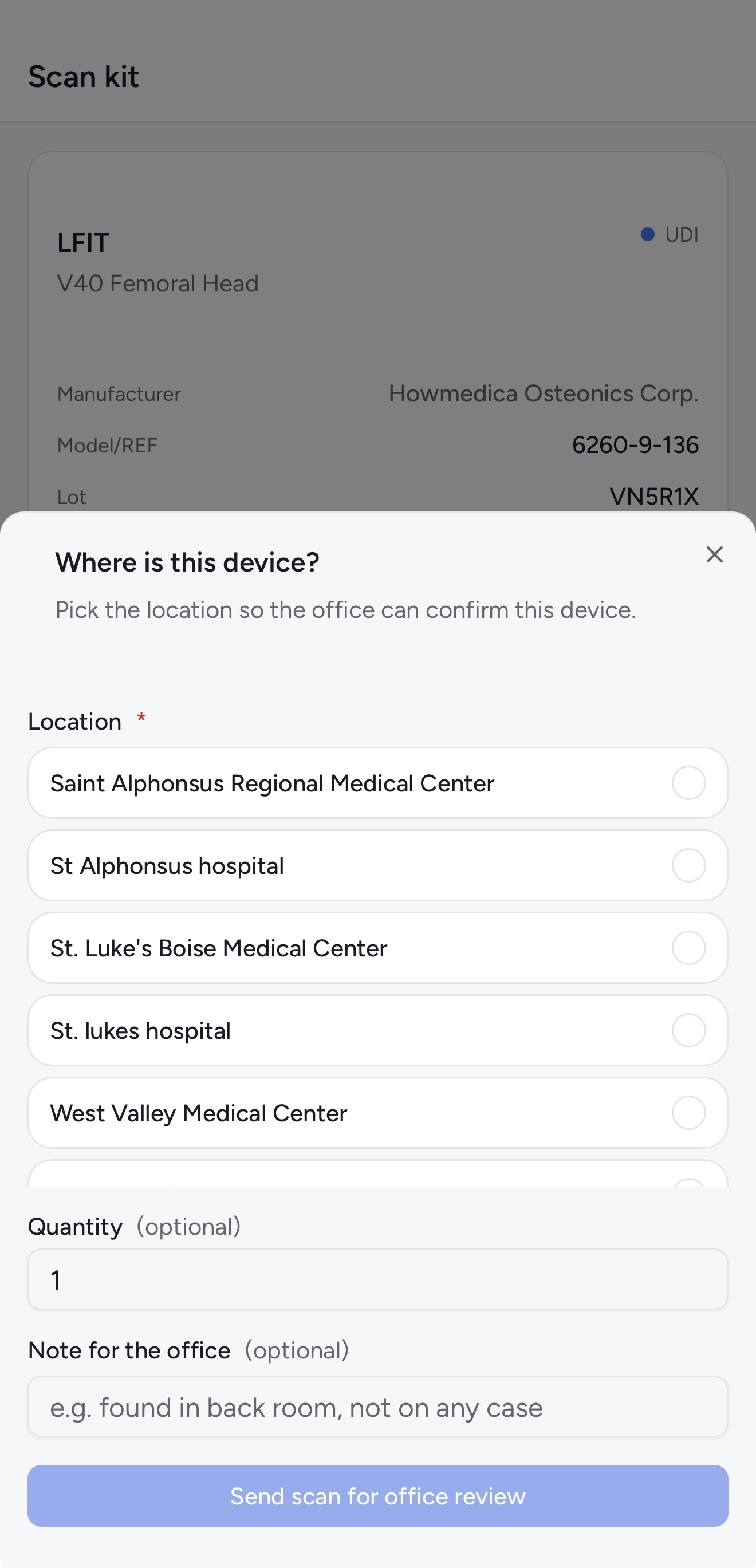 Kitlogi rep app: report kit location from scan result