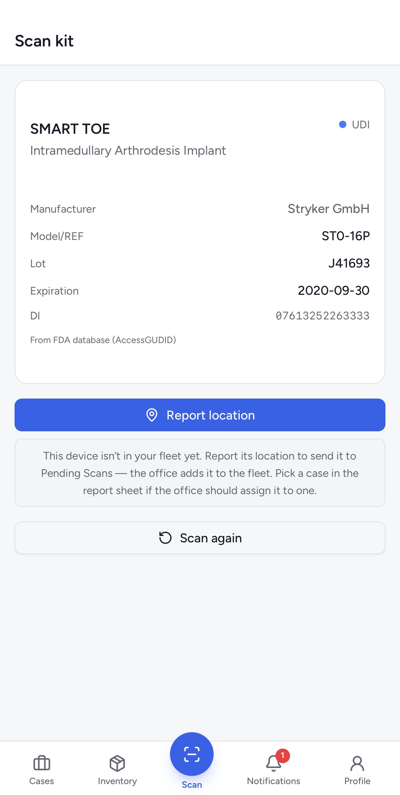 Kitlogi rep app: scanning a UDI barcode captures device, lot, serial, and expiration automatically